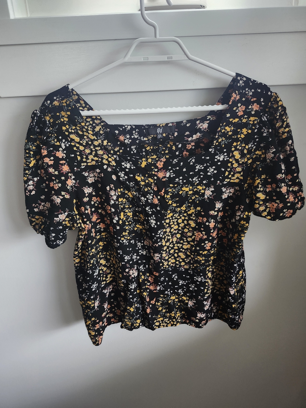 FIG Floral Patchwork Blouse Women’s XXL Rayon Square Neck Short Sleeve Boho